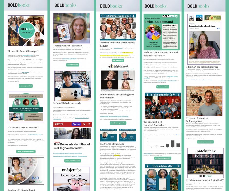 Skjermbilder av tidligere nyhetsbrev fra BoldBooks
